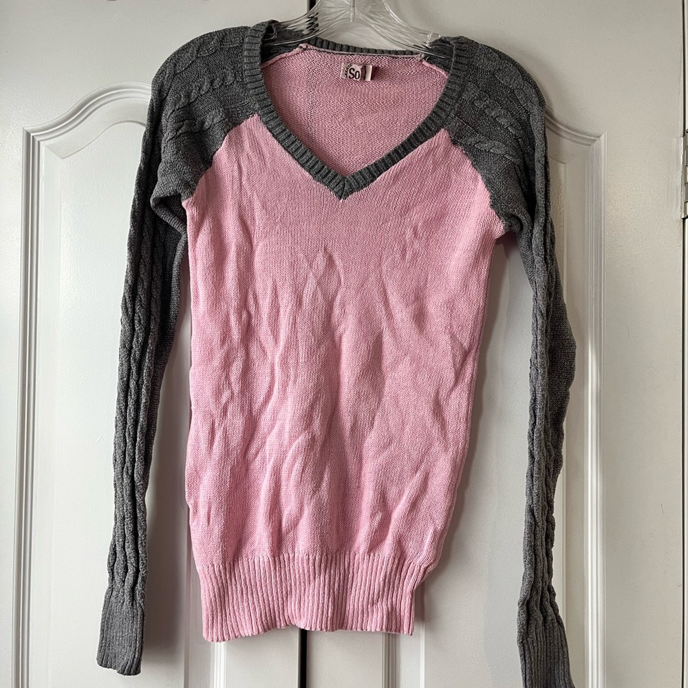 SO Women's V-Neck Sweater - Pink and Gray